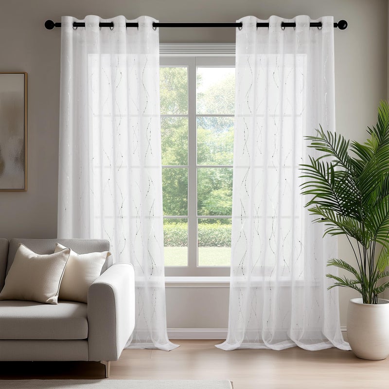 Deconovo Oeko-TEX Certified Sheer Foil Print Curtains – 2 Panels, Grommet Top – Elegant Light-Filtering Drapes for Living Room & Bedroom, Airy Privacy & Easy Care White & Silver Silver 52W x 96L Inch - Image 2